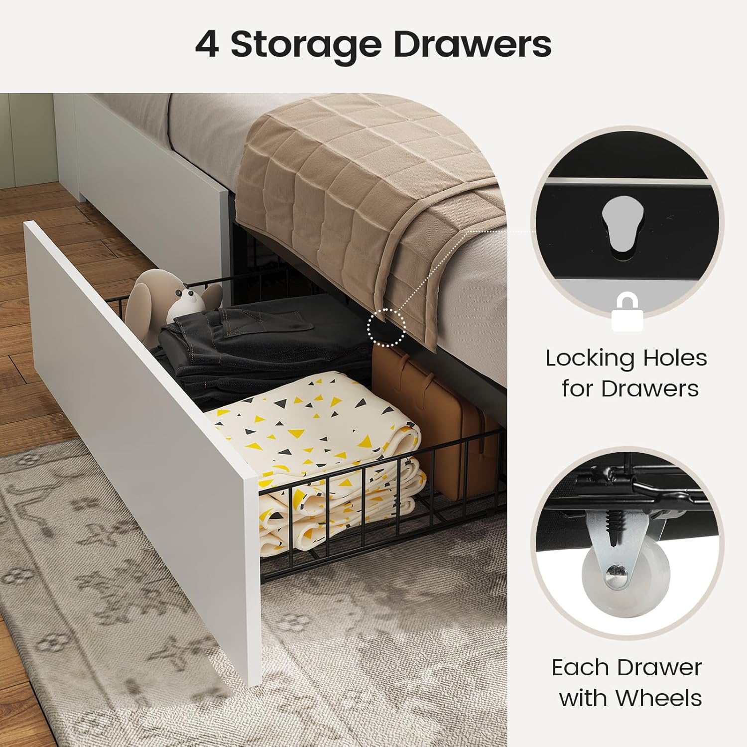 Sikaic Bed Frame Full Size Bed Frame with 4 Storage Drawers and Charging Station White White / Full / Engineered Wood