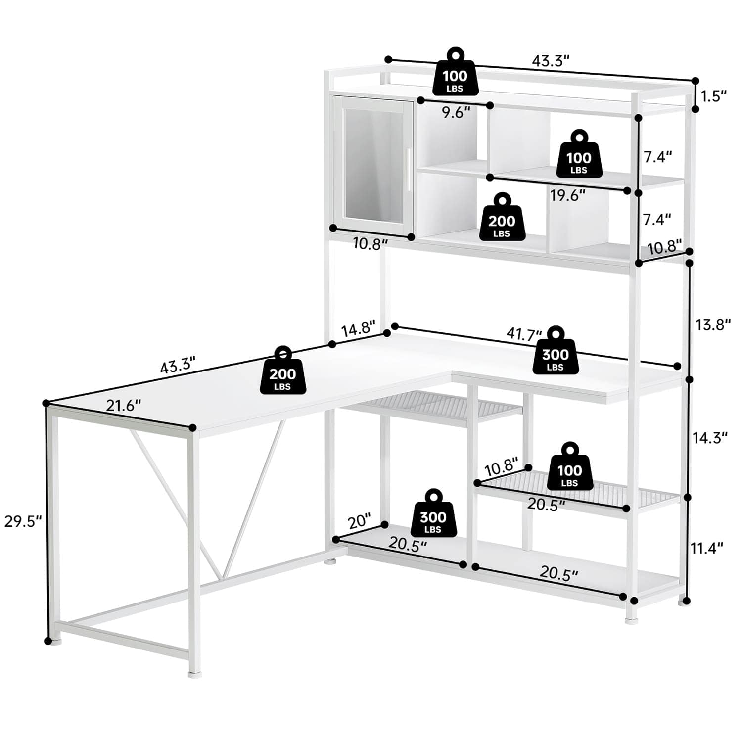 Sikaic Gaming Desk 58 Inches L Shape Corner Gaming Desk with LED Light Bookshelf White