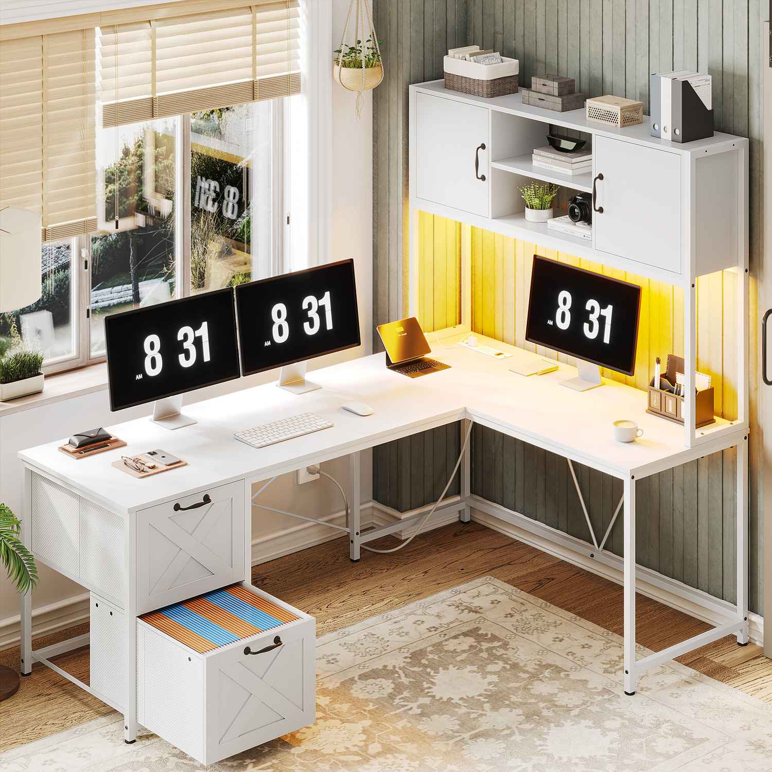 Sikaic Gaming Desk LED lights L Shaped Gaming Desk with Fabric File Drawers and Power Outlet Hutch & Storage Shelves White