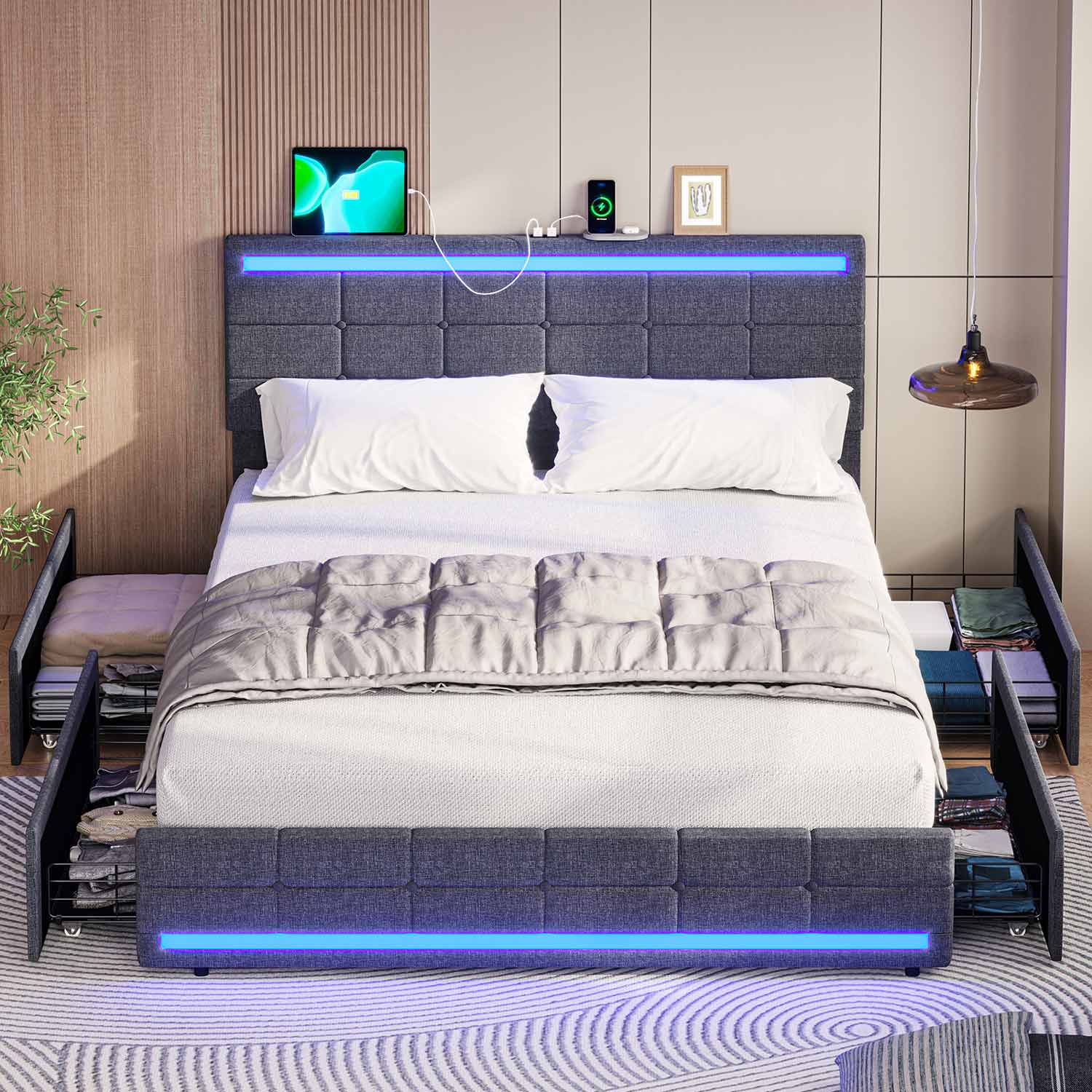 Sikaic Bed Frame LED Bed Frame With Storage Charging Outlets Dark Grey