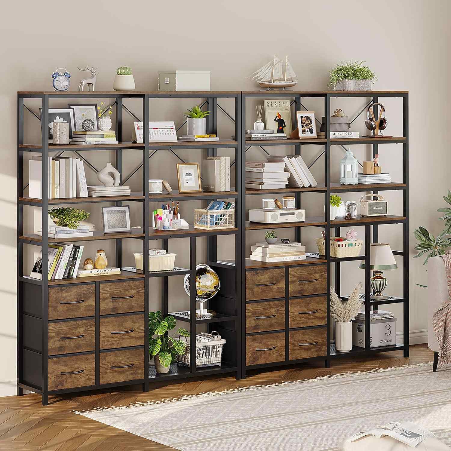 Sikaic Bookshelf 7-Tier Industrial Convertible Bookshelf with 6 Fabric Drawers Rustic Brown Brown / Industrial / Engineered Wood