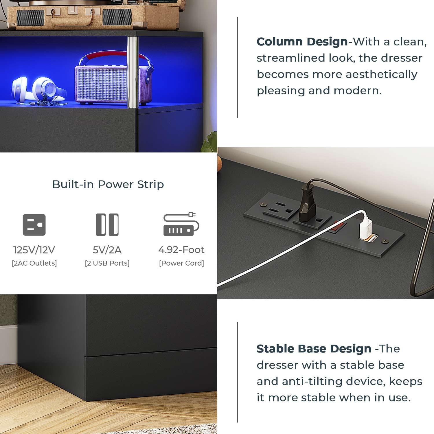 Sikaic Dresser 6 Drawers Led Wide Dresser with Column Design & Charging Station Black