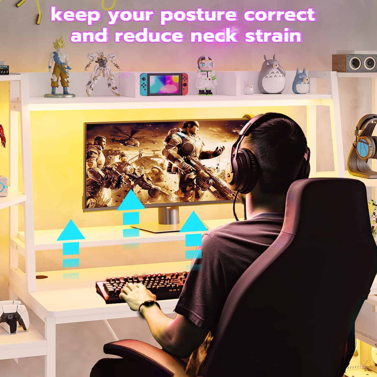 Sikaic Gaming Desk 65.7 Inches Large PC Gamer Gaming Desk with LED Lights Hutch and Storage Shelves Monitor Stand White