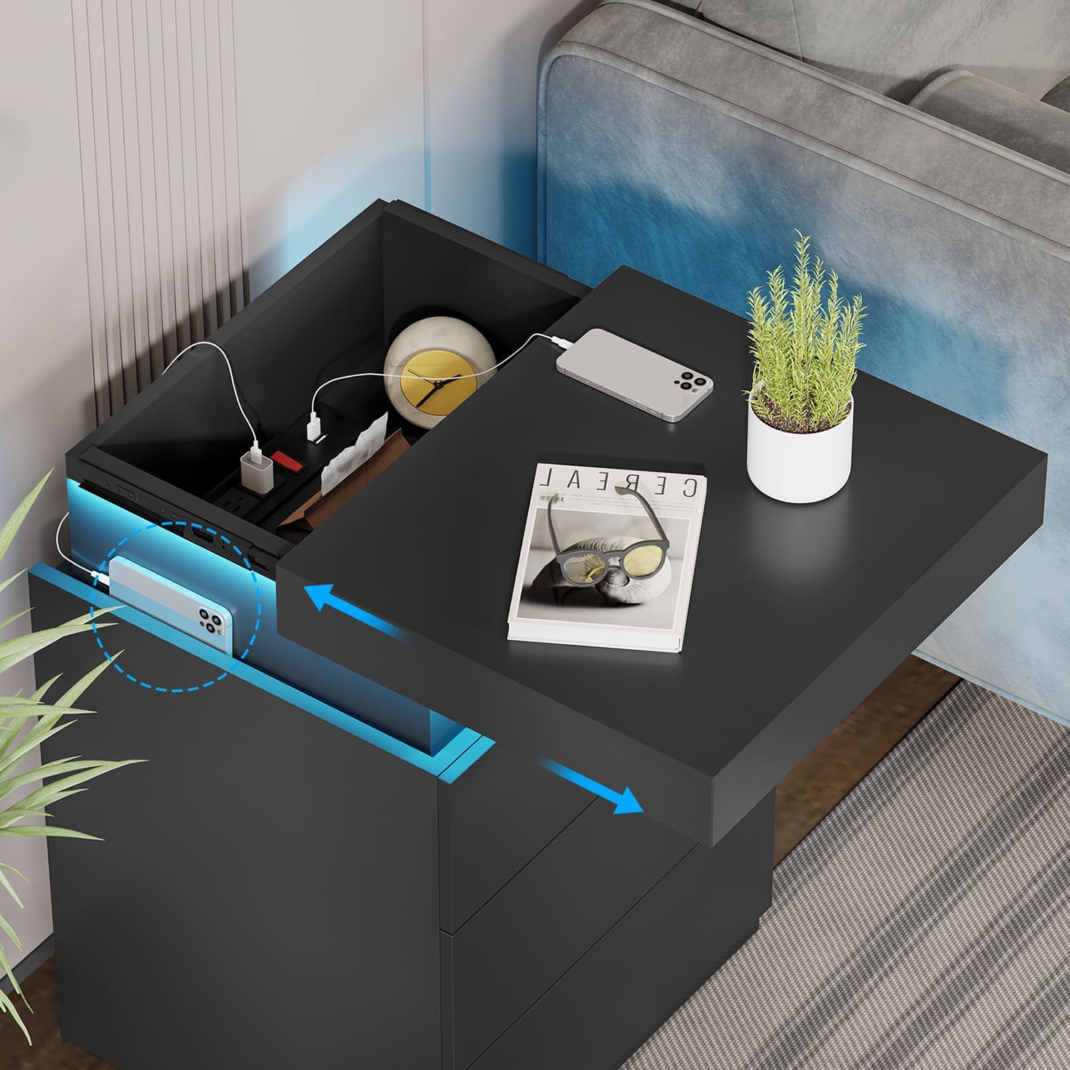 Sikaic Nightstand Nightstand with Sliding Top Charging Station and LED Lights Black