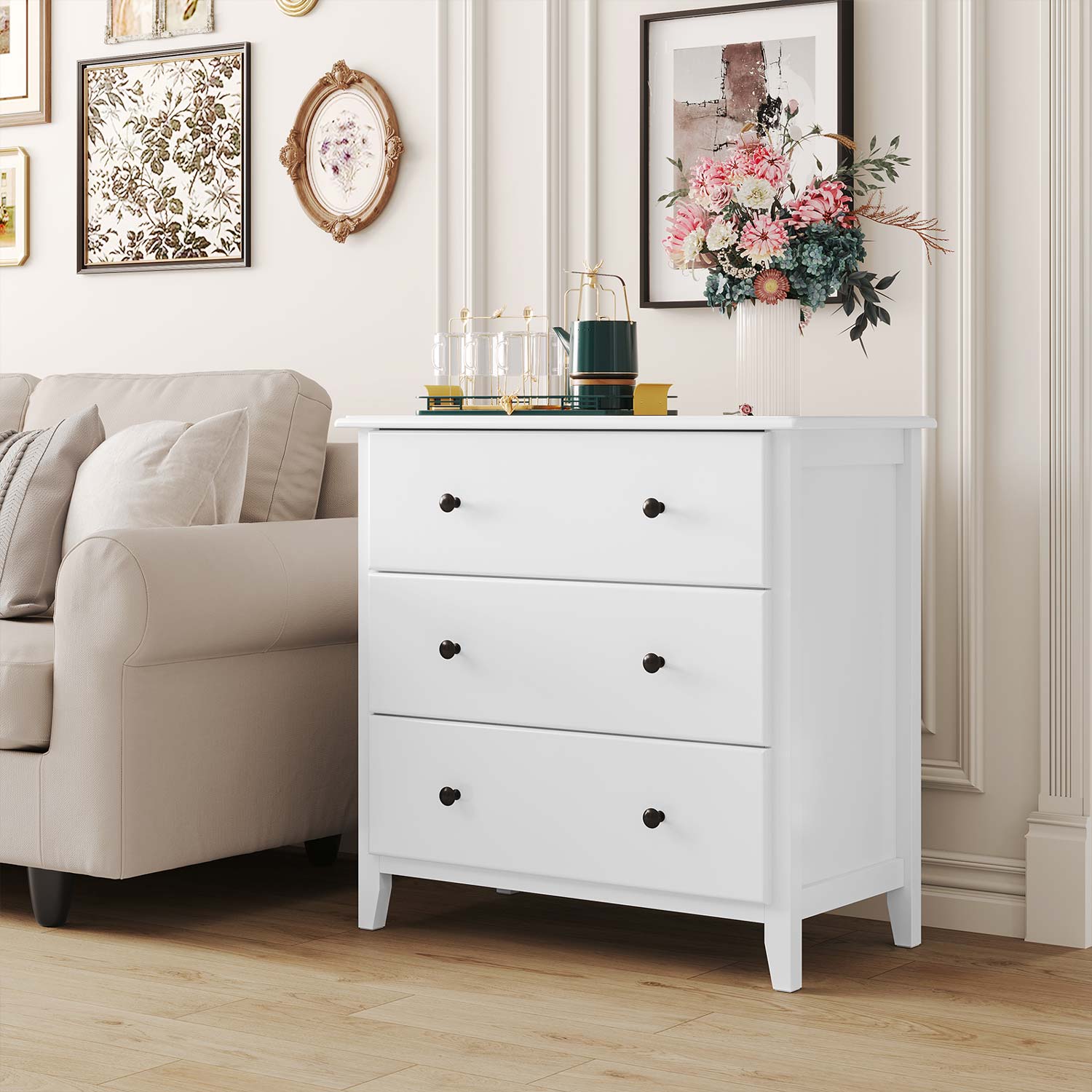 Sikaic Dresser 27.5''W Large Capacity Solid Wood Dresser with 3 Drawers Storage Cabinet White