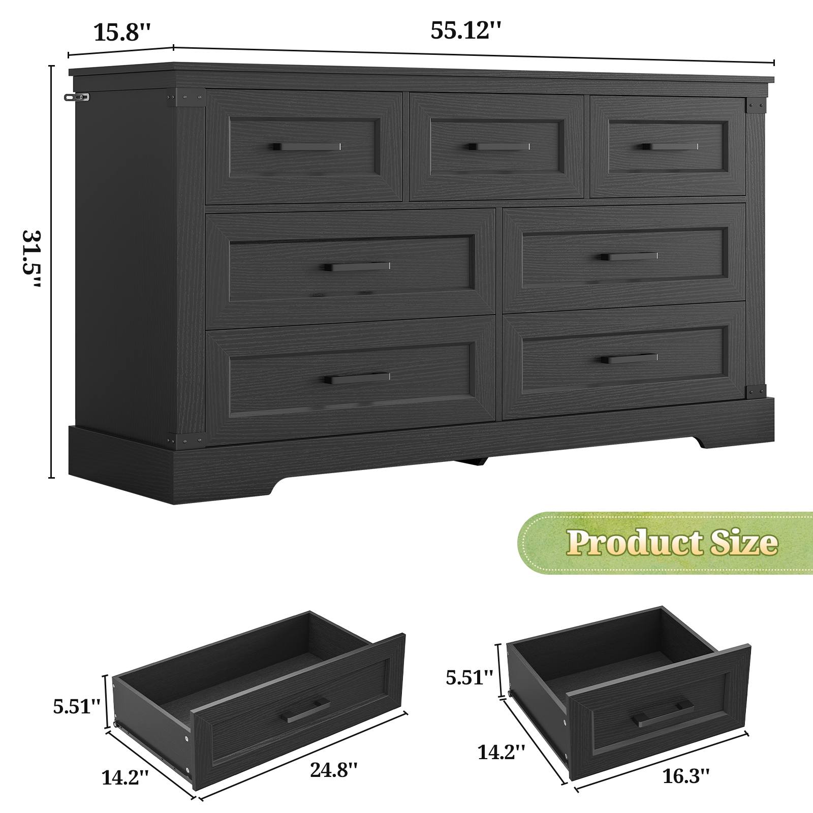 Sikaic Dresser Large Multifunctional Dresser with 7 Drawers Black Black / Engineered Wood / Farmhouse