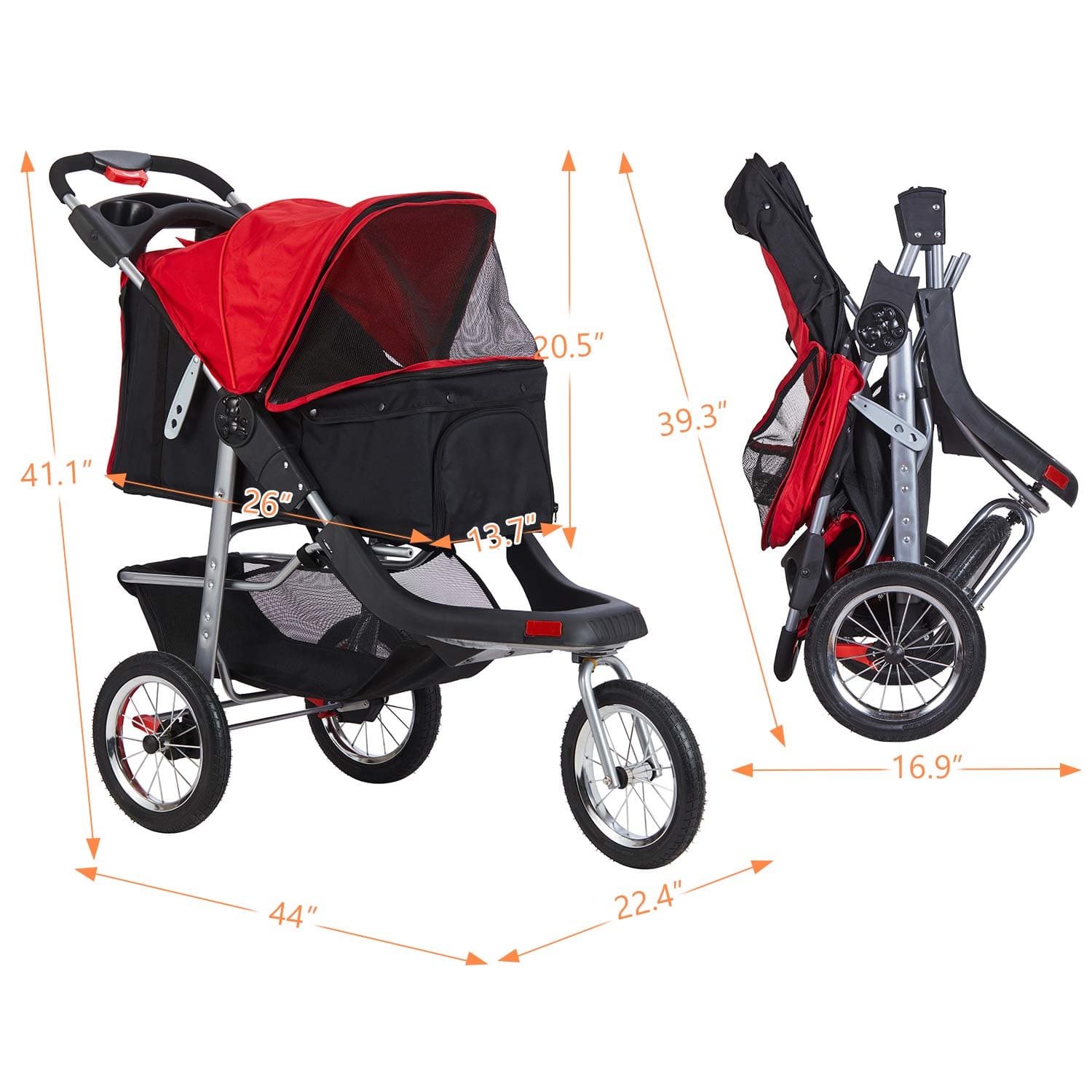 Sikaic Pet Stroller Pet Stroller For Small Medium Dogs & Cats 3-Wheel Foldable System Black Red