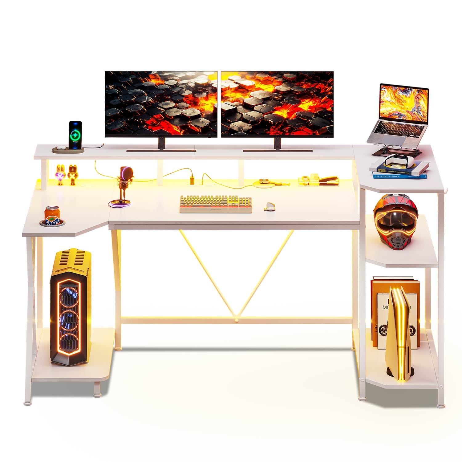 Sikaic Gaming Desk 55 Inches PC Gaming Desk with Storage Shelves White White / Engineered Wood / Modern