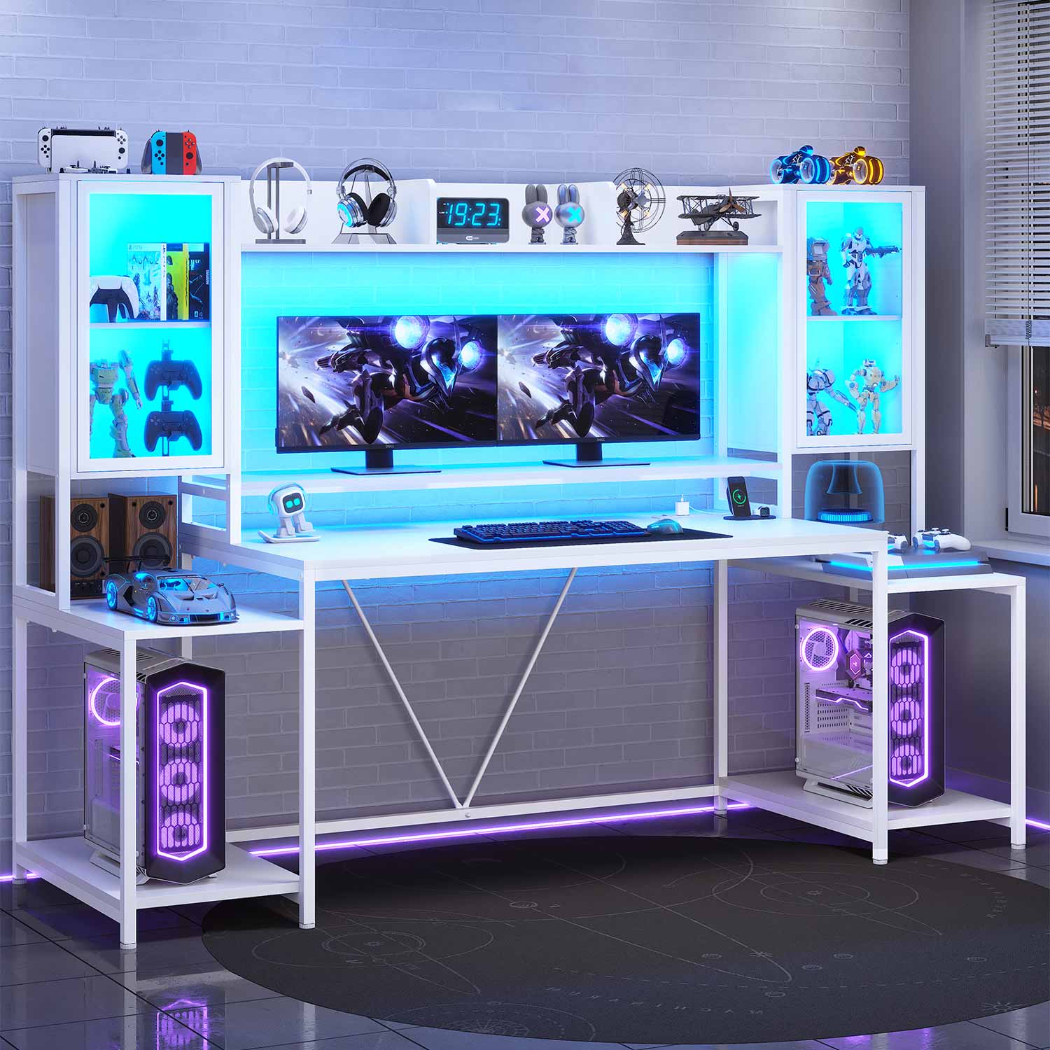 Sikaic Gaming Desk 74.8 Inches Large PC Ergonomic Gaming Desk with LED Lights Hutch and Storage Shelves Monitor Stand White