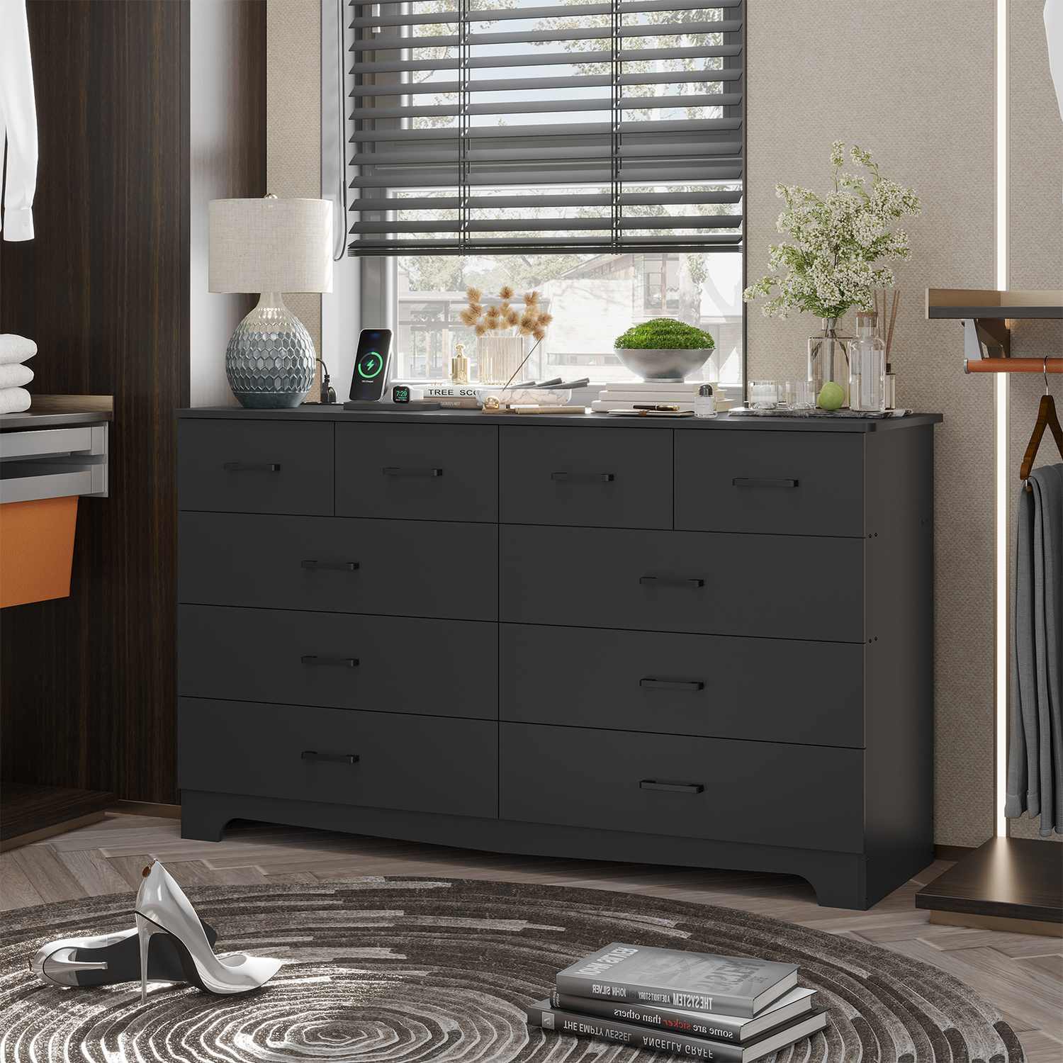 Sikaic Dresser 55.1 Inches 10 Drawers Modern Long Dresser with Power Outlets and Ample Storage Organizer for Bedroom Black