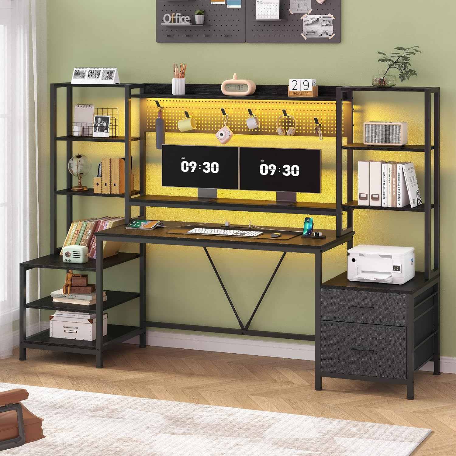 Sikaic Gaming Desk 81.9 Inches Gaming Desk with Power Outlets and LED Light Black Black / Engineered Wood / Modern