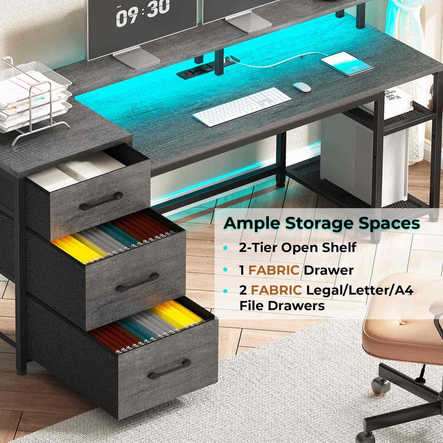 Sikaic Gaming Desk 59 Inches Reversible Gaming Desk with LED Lights & Power Outlet File Drawers and Storage Grey
