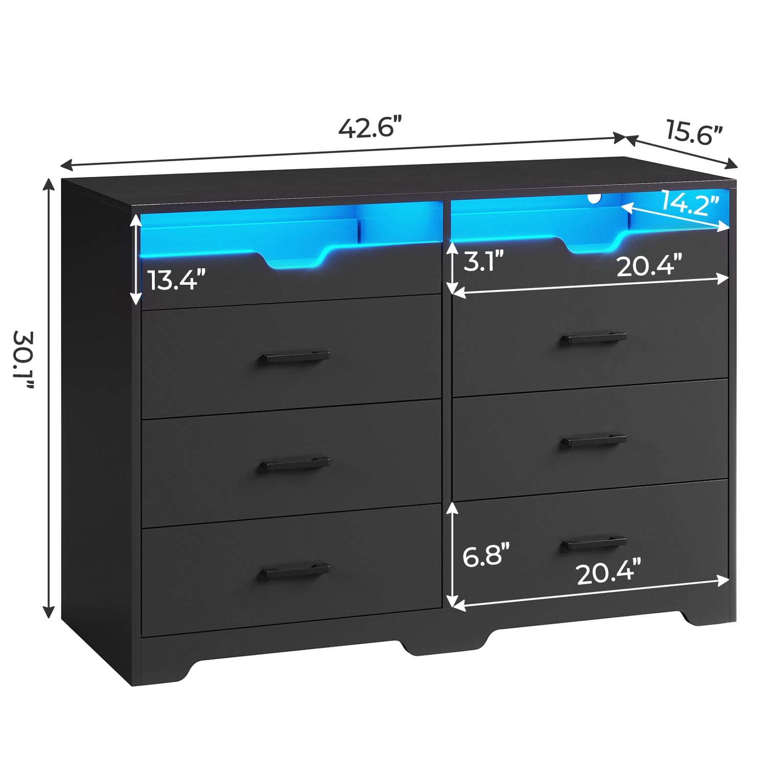 Sikaic Dressers 6 Drawers LED Dresser with 2 Pull-Out Tray Storage Organizer Black