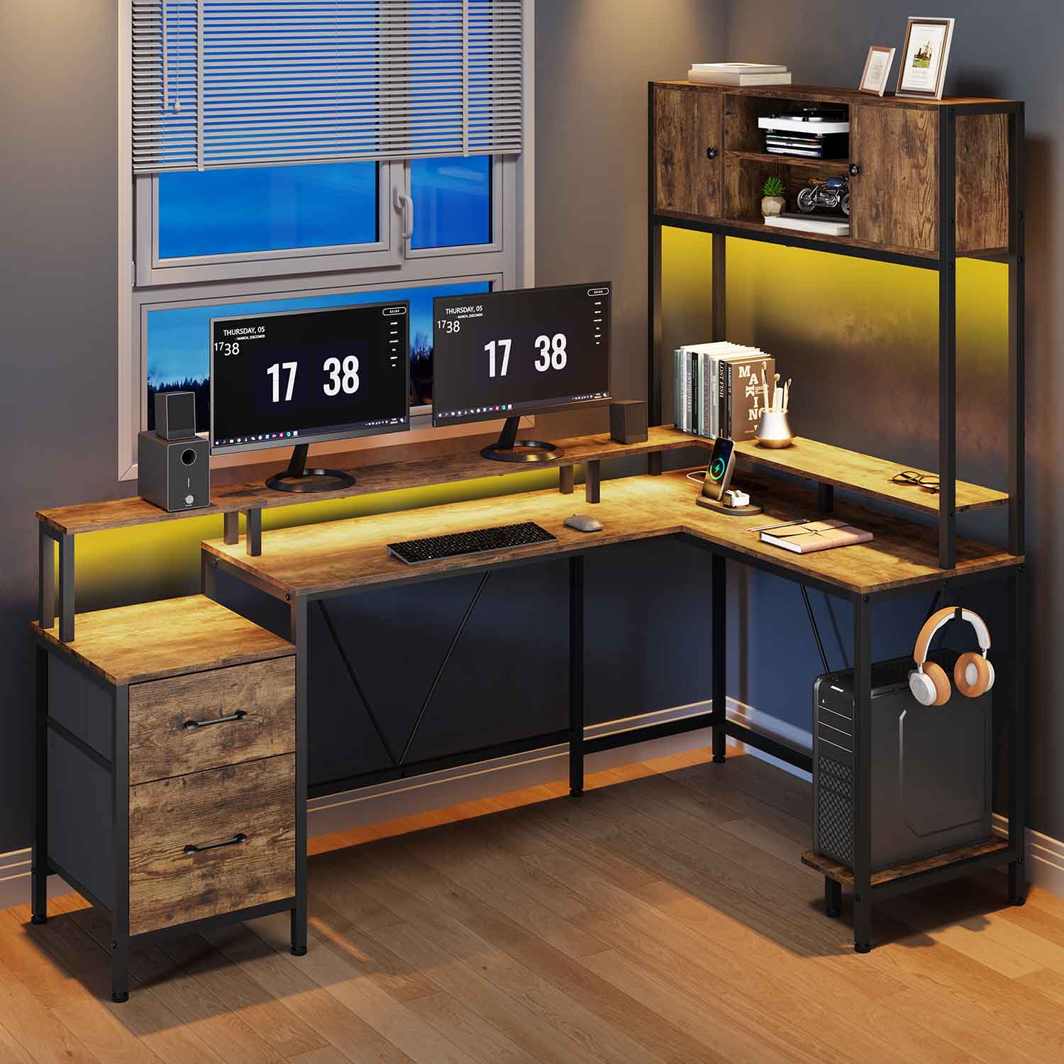 Sikaic Gaming Desk Reversible L-Shaped Led Gaming Desk With Power Outlets and Monitor Stand & 2 Drawers Brown Brown / Engineered Wood / Modern