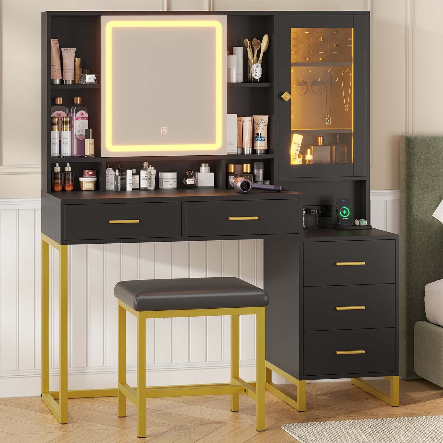 Sikaic Makeup Vanity Makeup Vanity Set with Mirror and Lights Charging Station RGB Jewelry Storage Shelves Black