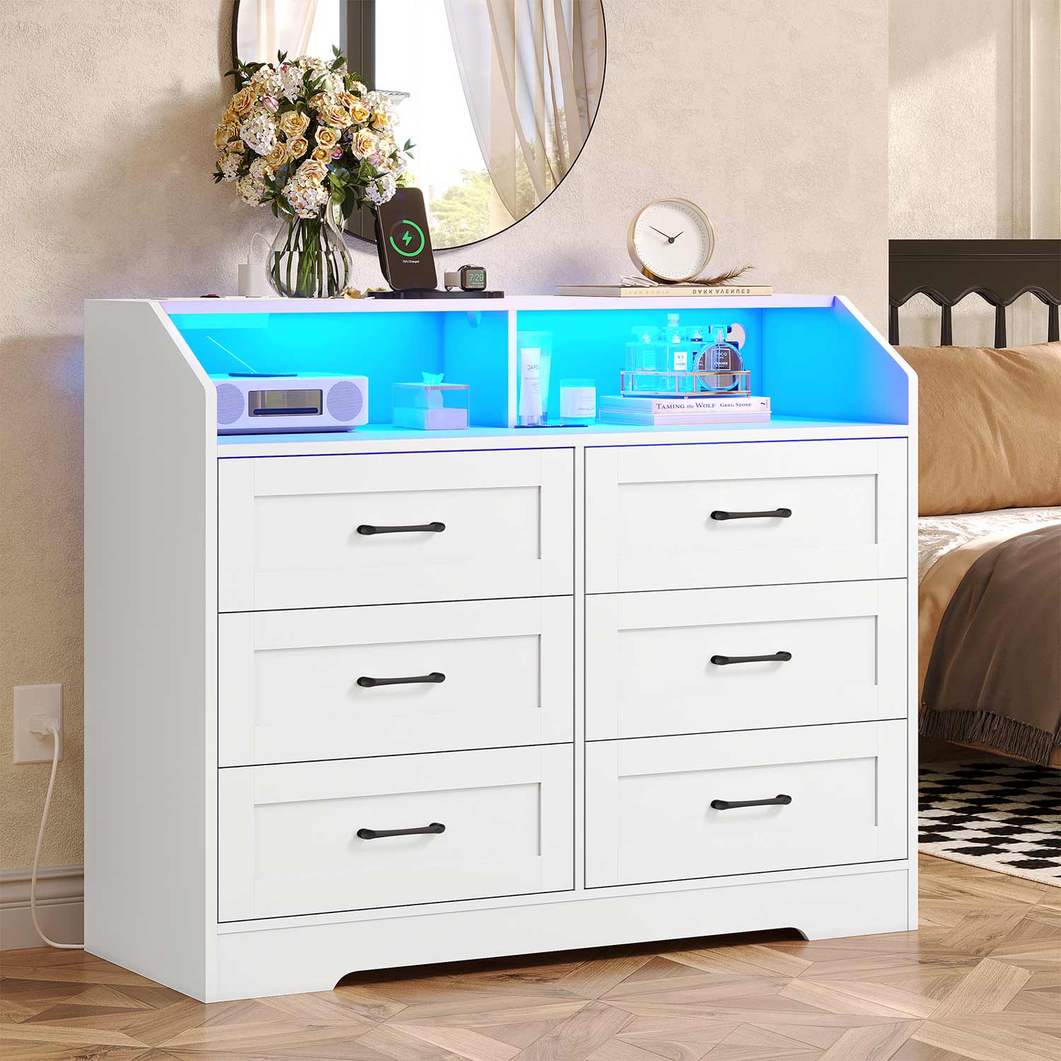 Sikaic Dresser LED 6 Drawers Dresser with Charging Station Open Space Large Capacity Storage Cabinet White