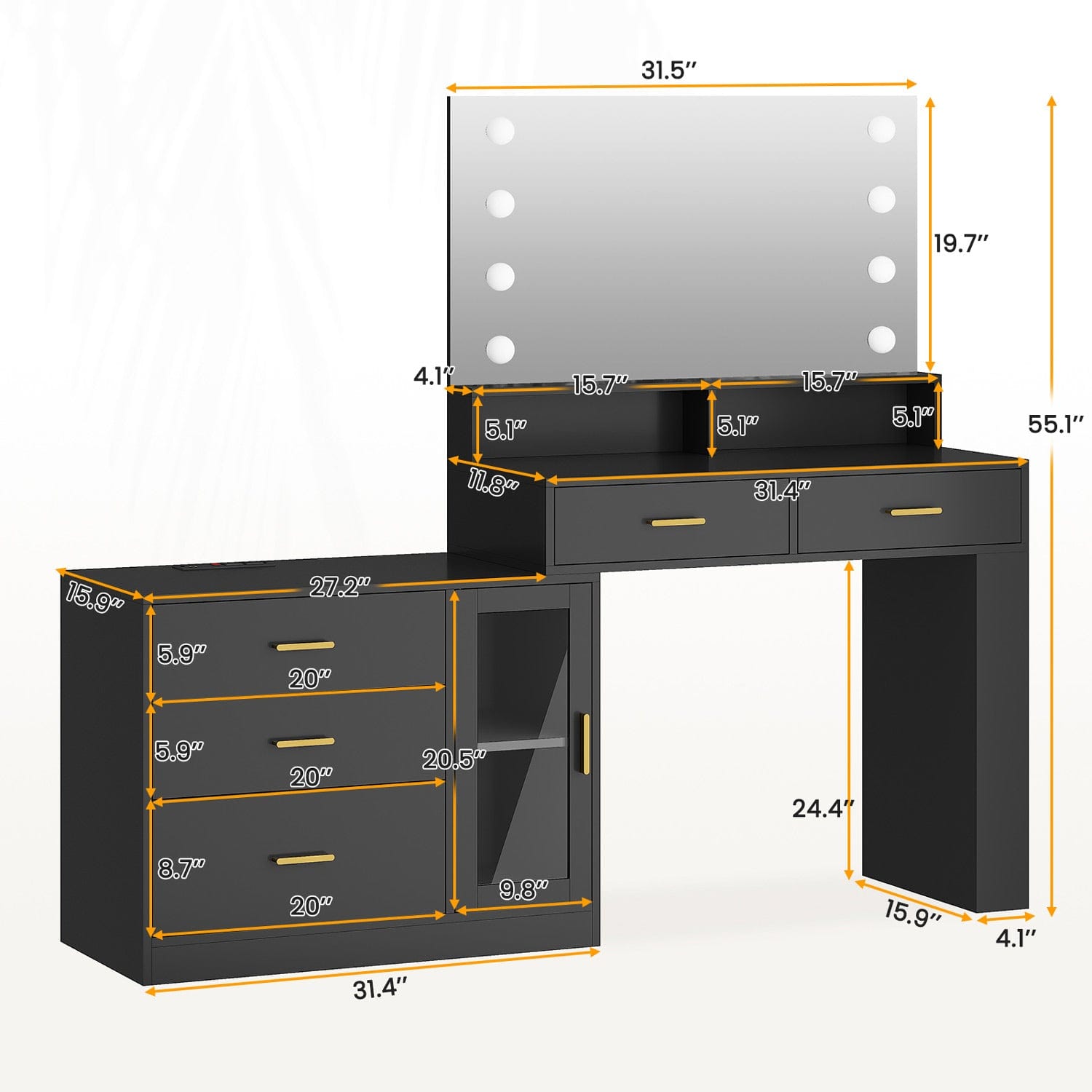 Sikaic Makeup Vanity LED Makeup Vanity Dresser with Mirror and Charging Station & 5 Drawers Cabinet Storage Black