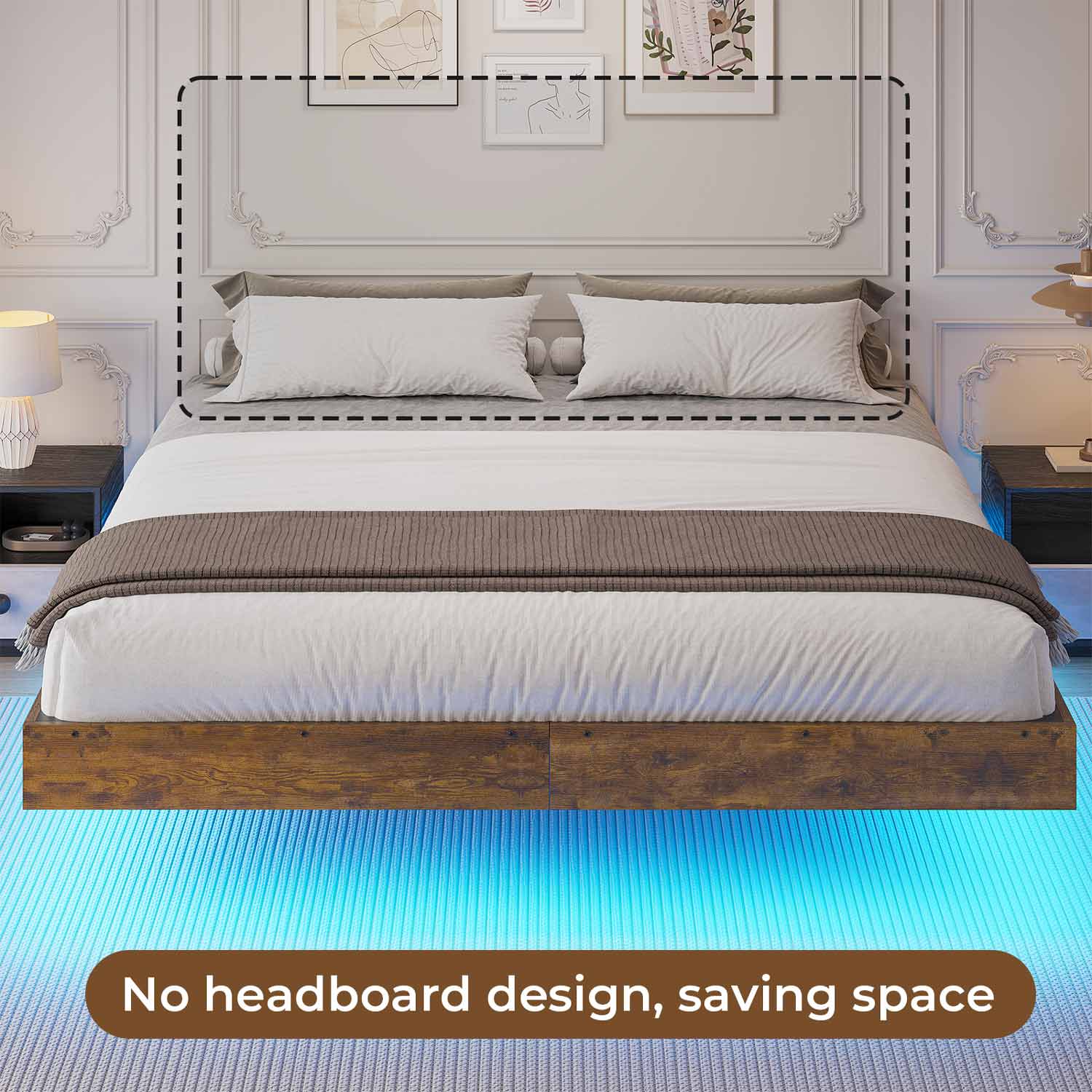 Sikaic Bed Frame Floating Industrial Wooden Metal Platform Bed Frame with LED Lights Noise Free No Box Spring Needed Vintage Brown
