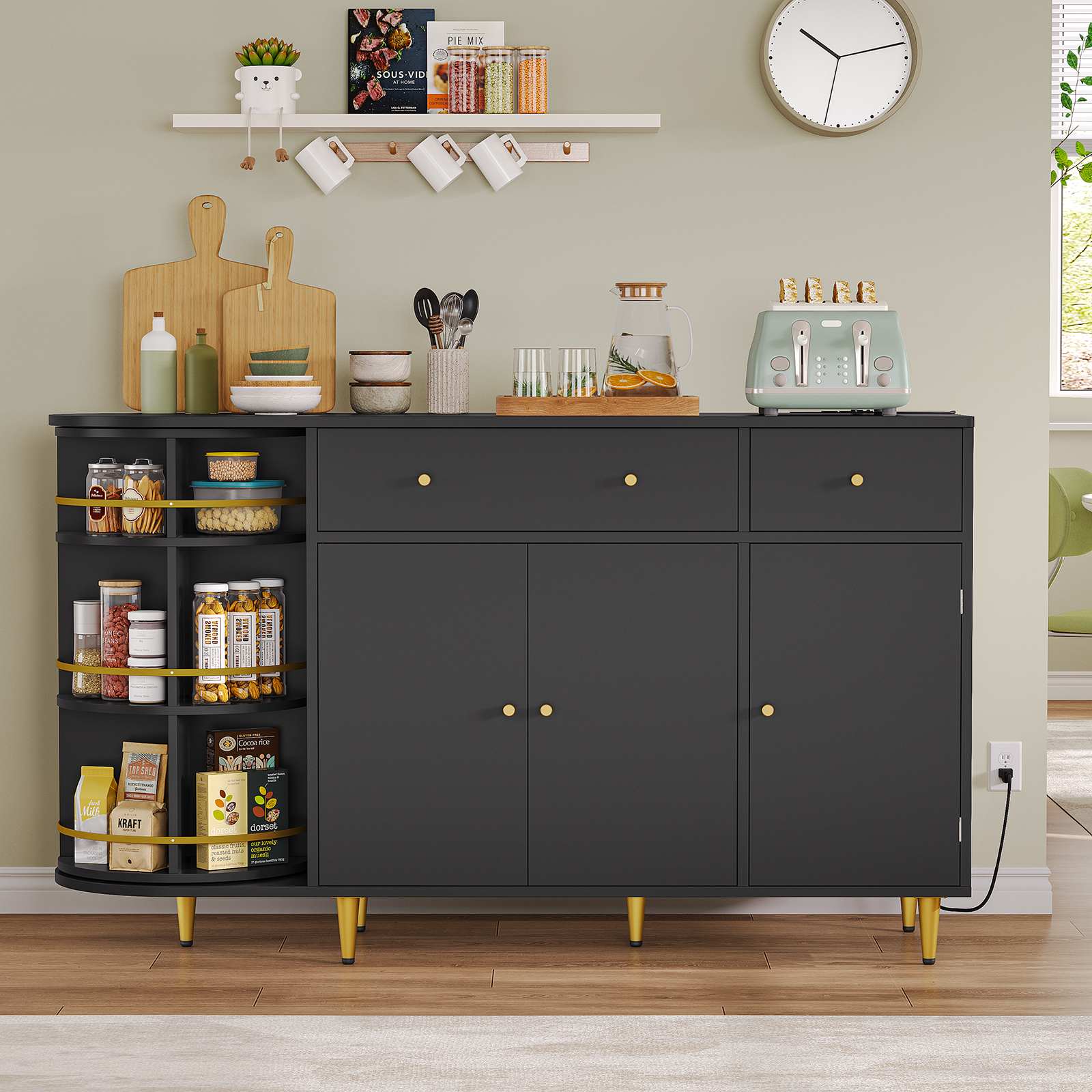 Sikaic Buffet Cabinet 55 Inches Buffet Cabinet Black Black / Engineered Wood / Modern