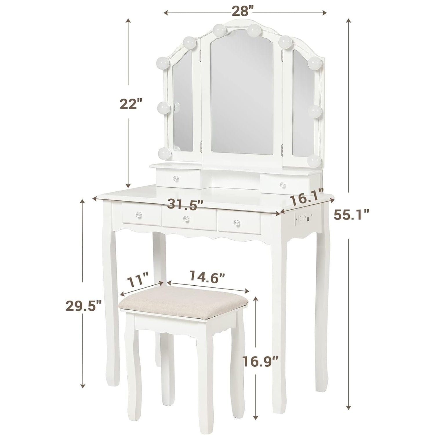 Sikaic Makeup Vanity Makeup Vanity Set with Stool and Lights Charging Station Tri-Fold Mirror & Necklace Hooks White