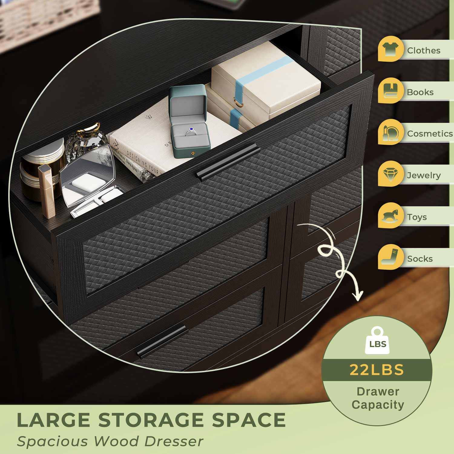 Sikaic Dresser Wooden Large Capacity Storage Dresser of Drawers with Woven Leather Design for Living Room Hallway Black