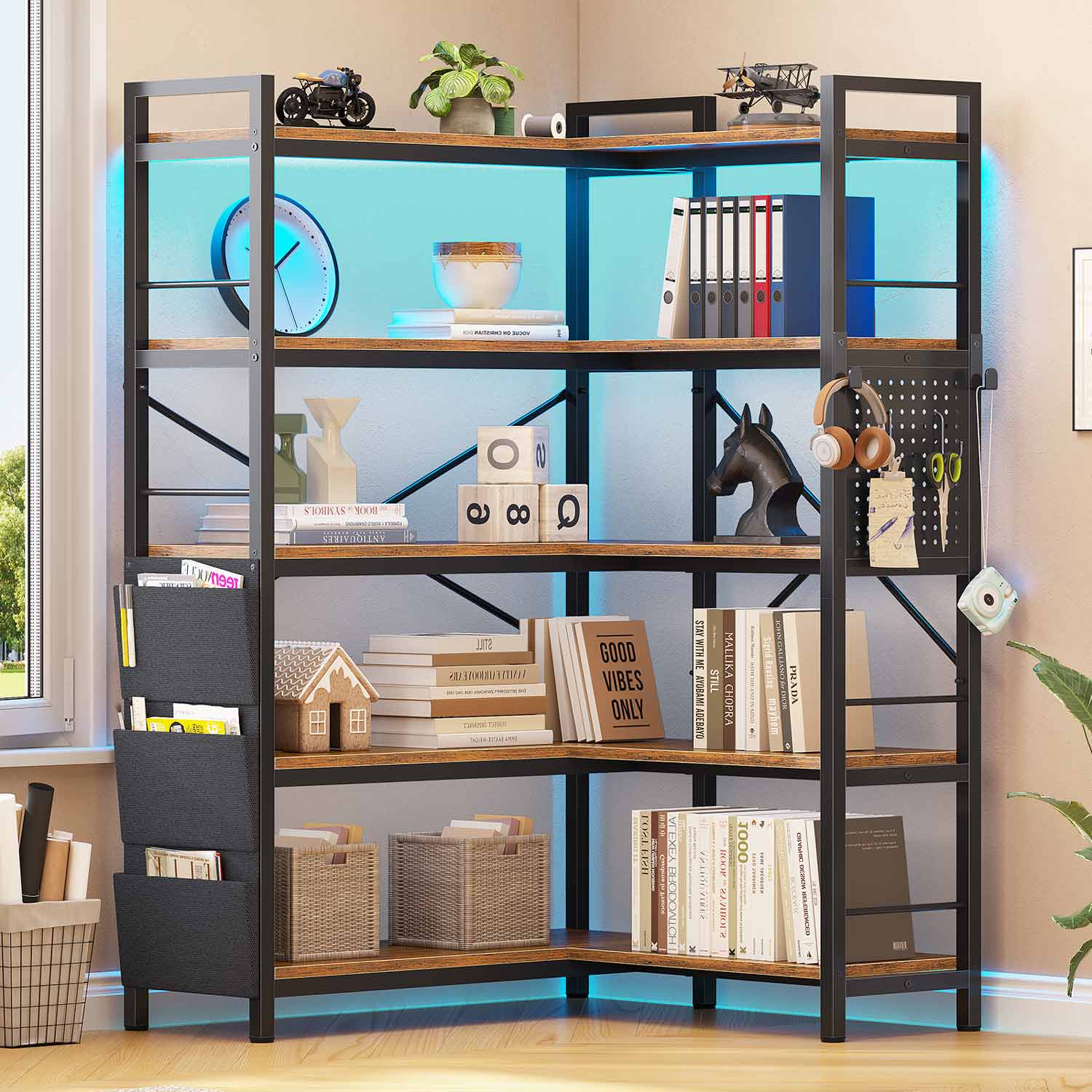 Sikaic Bookshelf 55 Inches Convertible Corner 5-Tier Tall Bookshelf with Pegboard Storage Bag & LED Light for Bedroom Brown