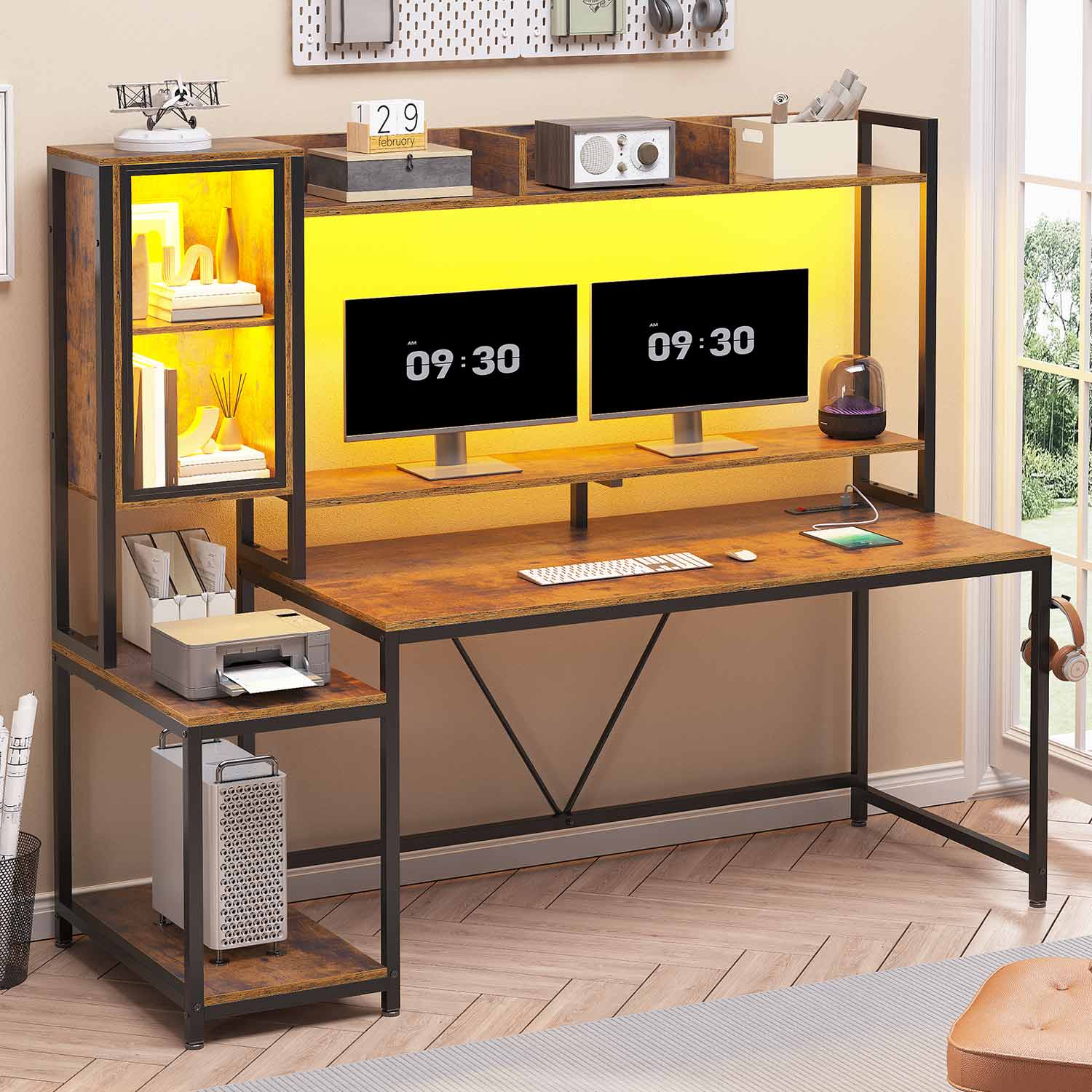 Sikaic Gaming Desk Led Gaming Desk with Power Outlets and Glass Display Cabinet Monitor Stand Hooks CPU Stand Brown