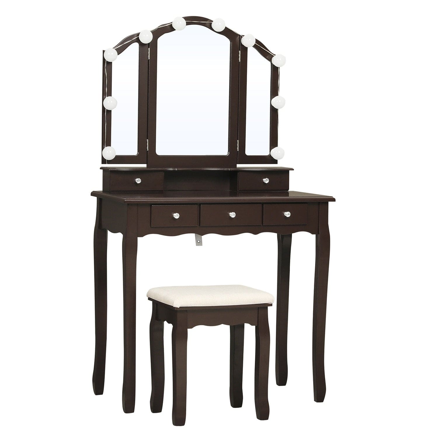 Sikaic Makeup Vanity Makeup Vanity Set with Lighted Mirror Stool Drawers and Cushioned Stool Brown