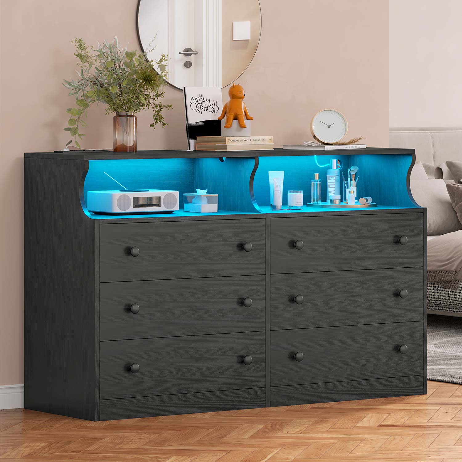 Sikaic Dressers 6 Drawers LED Dresser with Outlets Open Space Black