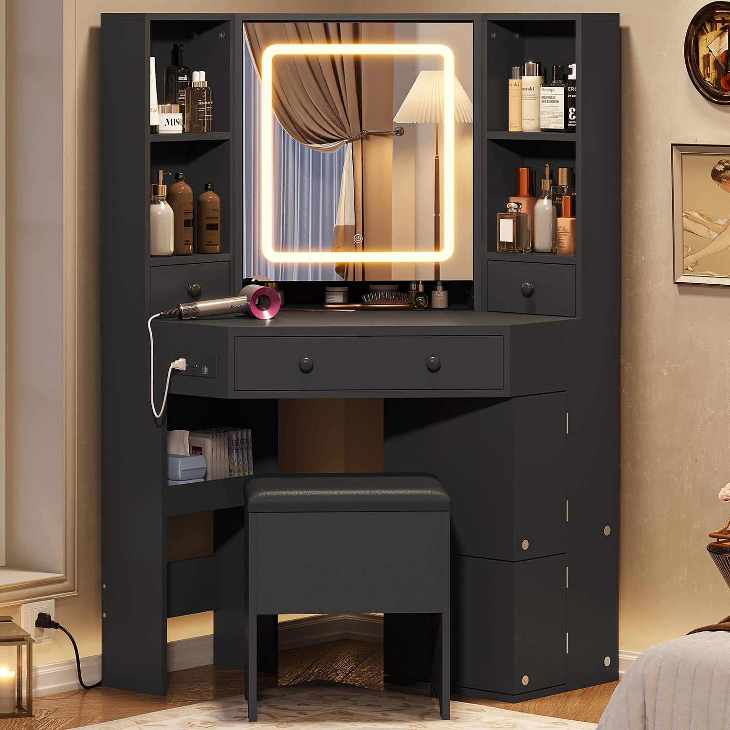 Sikaic Makeup Vanity Corner LED Makeup Vanity Desk with Storage Stool and Charging Station Mirror Drawers, Rotating Shelves Black