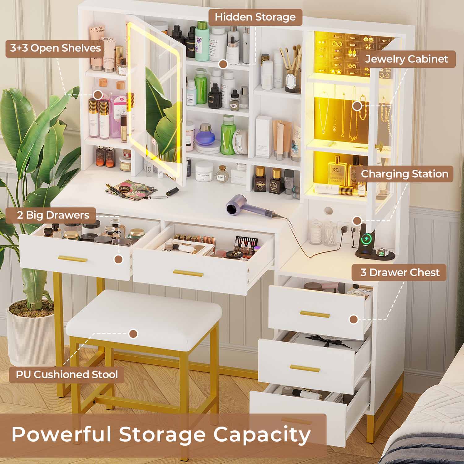 Sikaic Makeup Vanity Makeup Vanity Set with Mirror and Lights Charging Station RGB Jewelry Storage Shelves White
