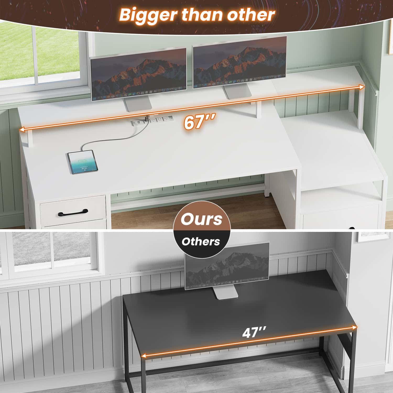 Sikaic Gaming Desk 66 inches LED Gaming Desk with File Drawer Power Outlet  Printer Cabinet and Monitor Shelf White