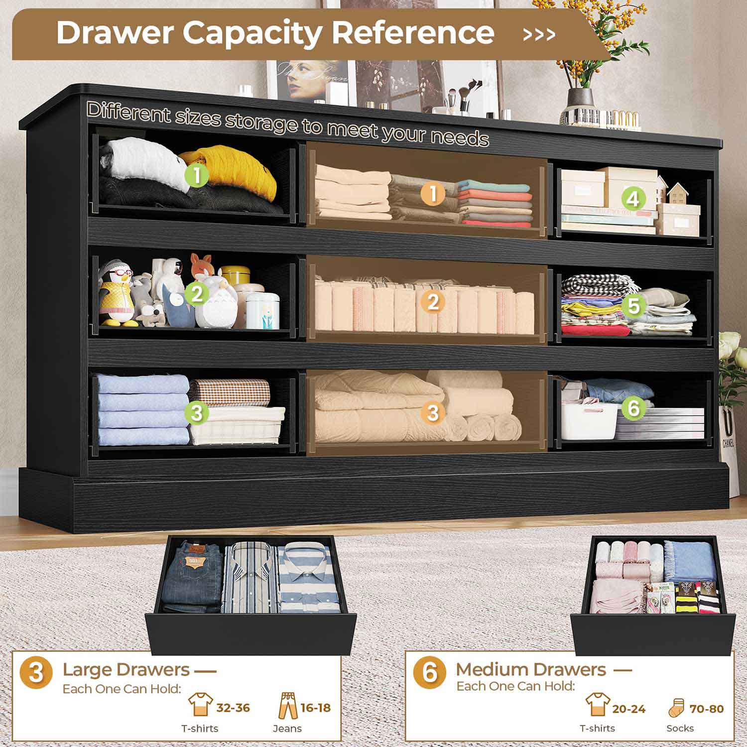 Sikaic Dresser 61.4" Wide Dresser Chest of Drawers with Large Capacity Storage and Power Outlets Black Black / Engineered Wood / Modern