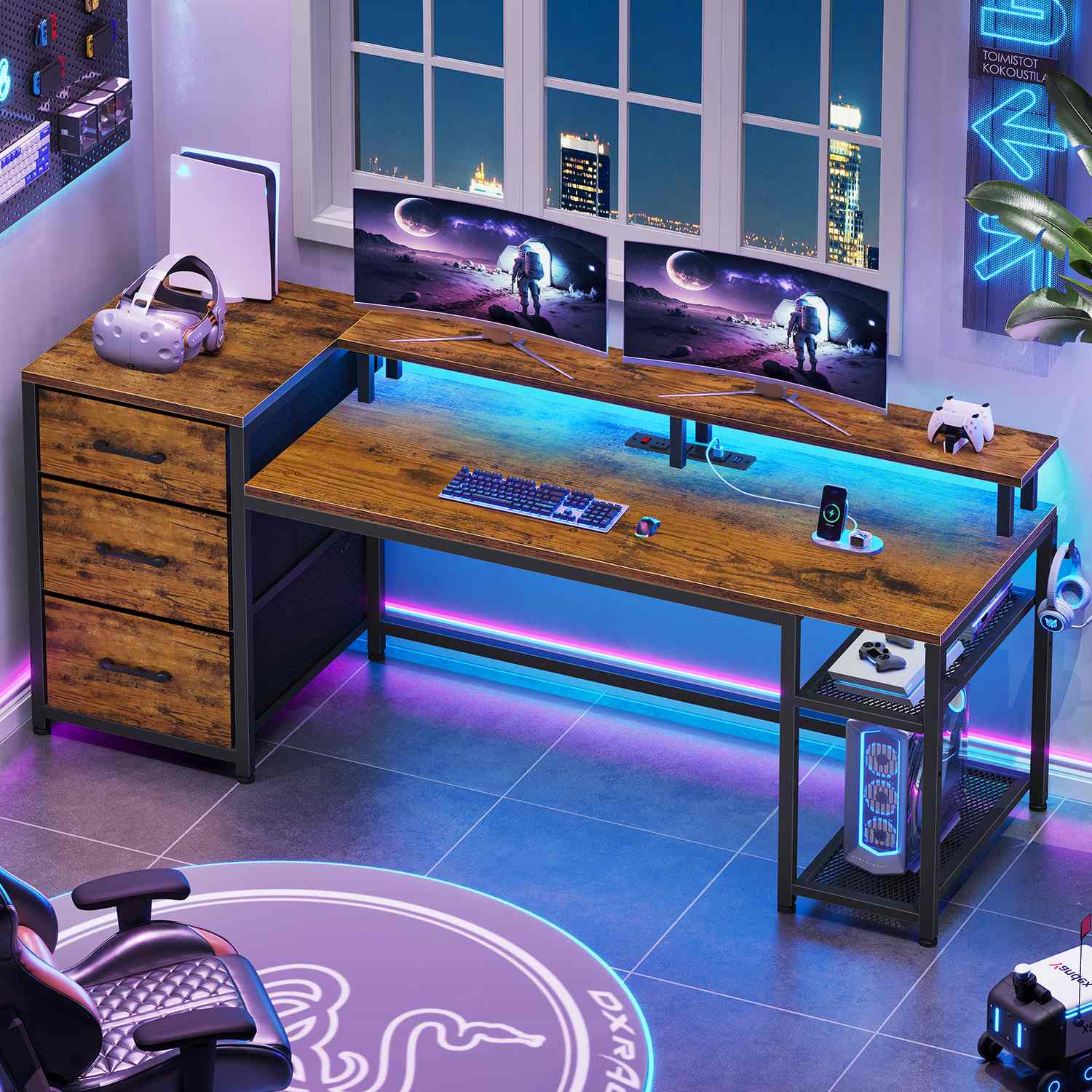 Sikaic Gaming Desk 59 Inches Reversible Gaming Desk with LED Lights & Power Outlet File Drawers and Storage Rustic Brown