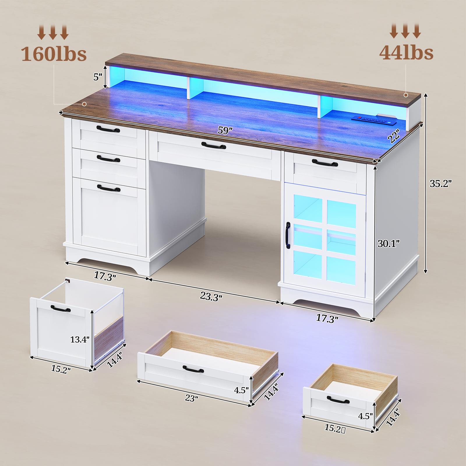 Sikaic Computer Desk 59 Inches Executive Desk with Power Outlet and LED Light White White / Engineered Wood / Farmhouse