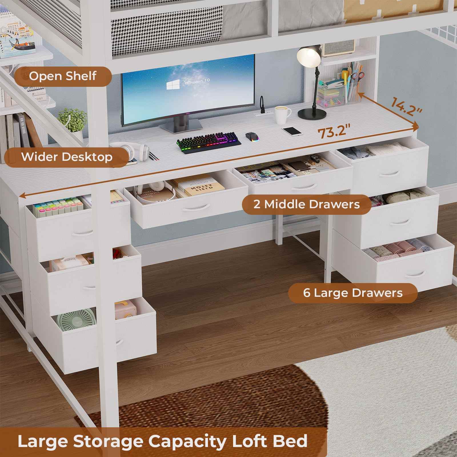 Sikaic Bed Frame Full Metal Loft LED Bed Frame with 8 Storage Drawers & Charging Station and 4 Open Storage Shelves White White / Full Size / Steel
