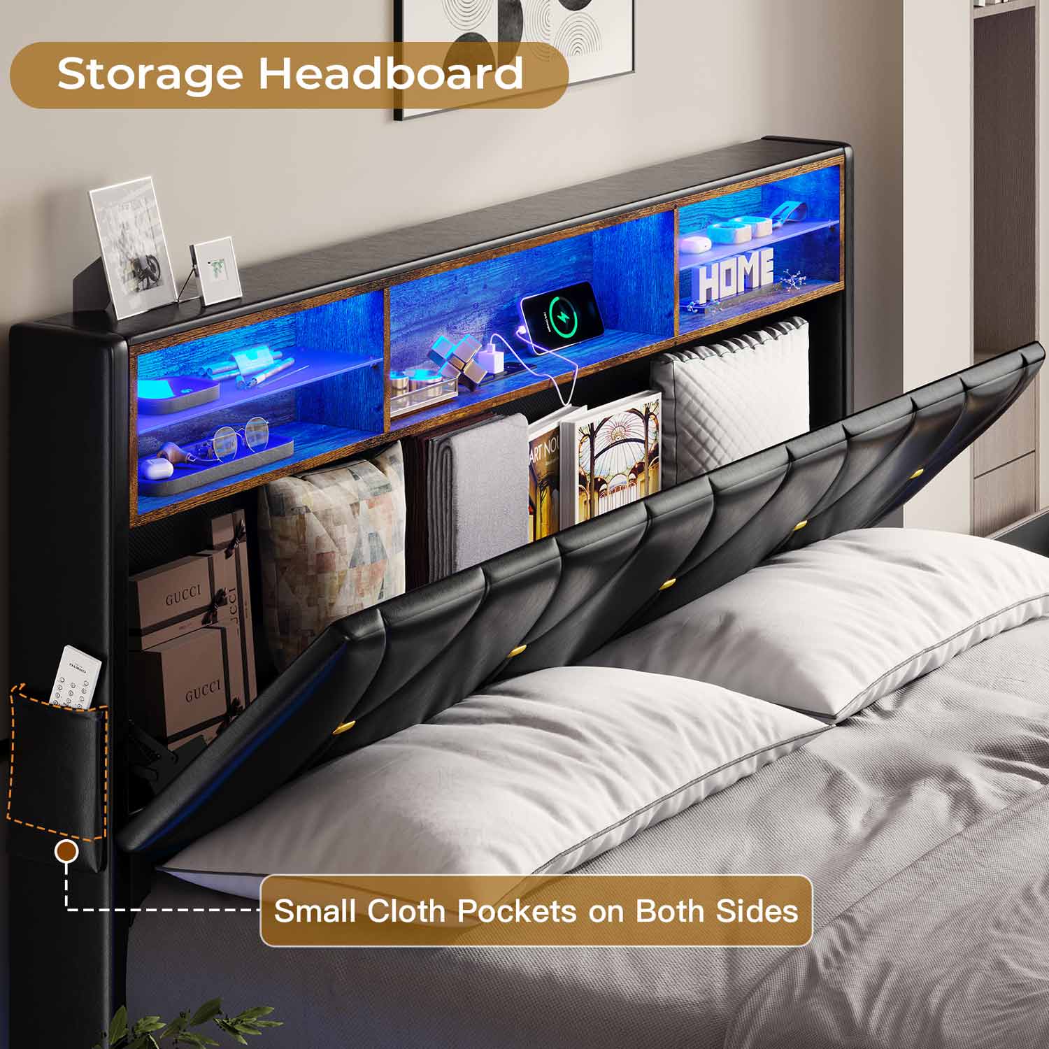 Sikaic Bed Frame Faux Leather LED Bed Frame with Outlets and Storage Headboard Black
