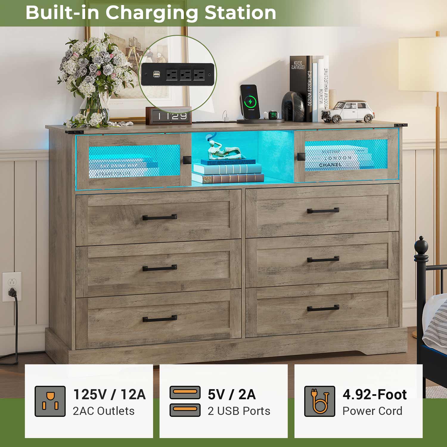 Sikaic Dressers 6 Drawers LED Dresser with Outlets Rustic Oak
