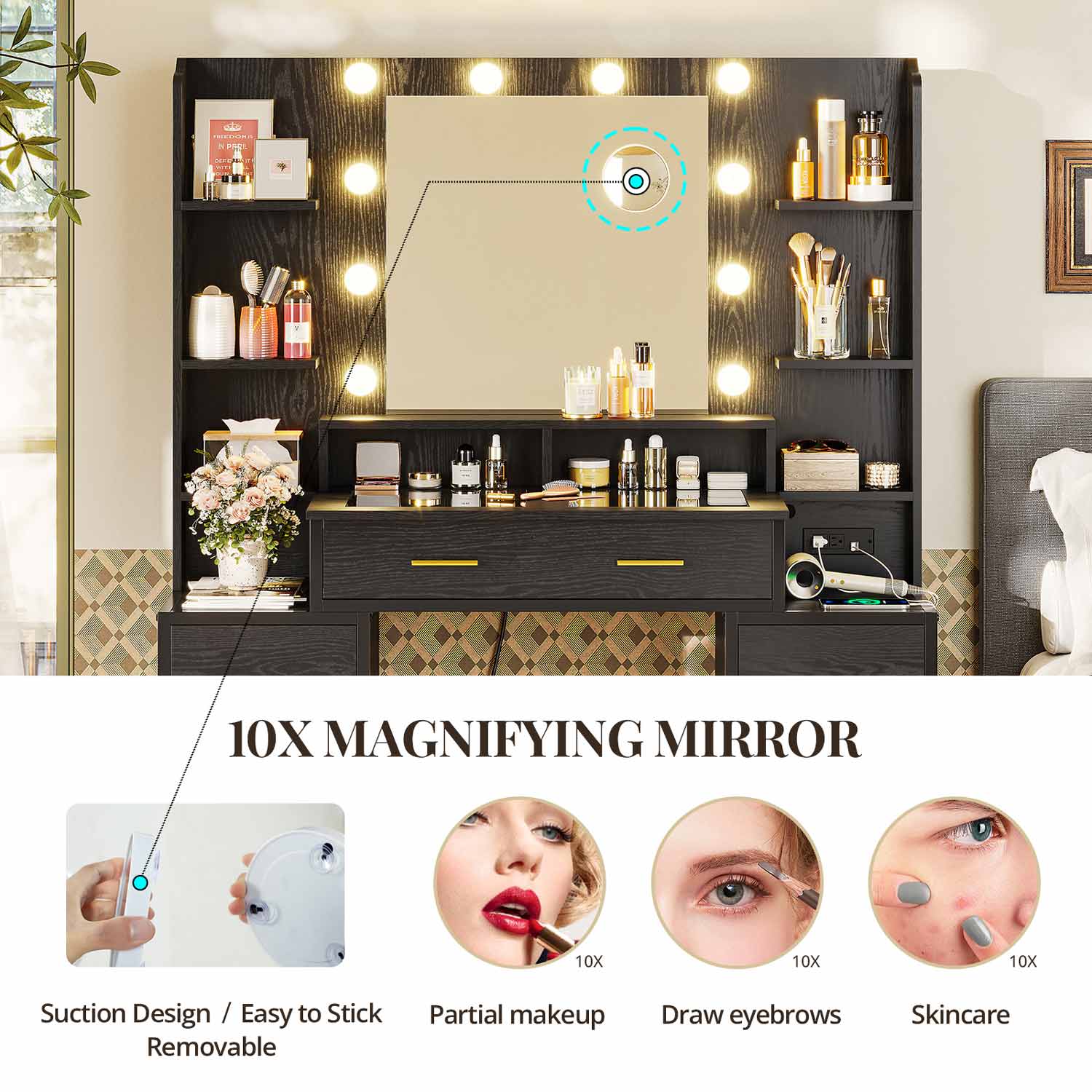 Sikaic Makeup Vanity Glass Top Makeup Vanity with Lights Power Strip & 10x Magnifying Mirror And Compartment Storage Drawers & Shelves Black