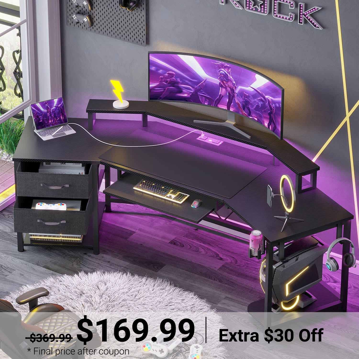 Sikaic Gaming Desk 79 Inches Wing Shaped LED Gaming Desk with 2 Fabric Drawers Storage Shelf Black Black / Modern