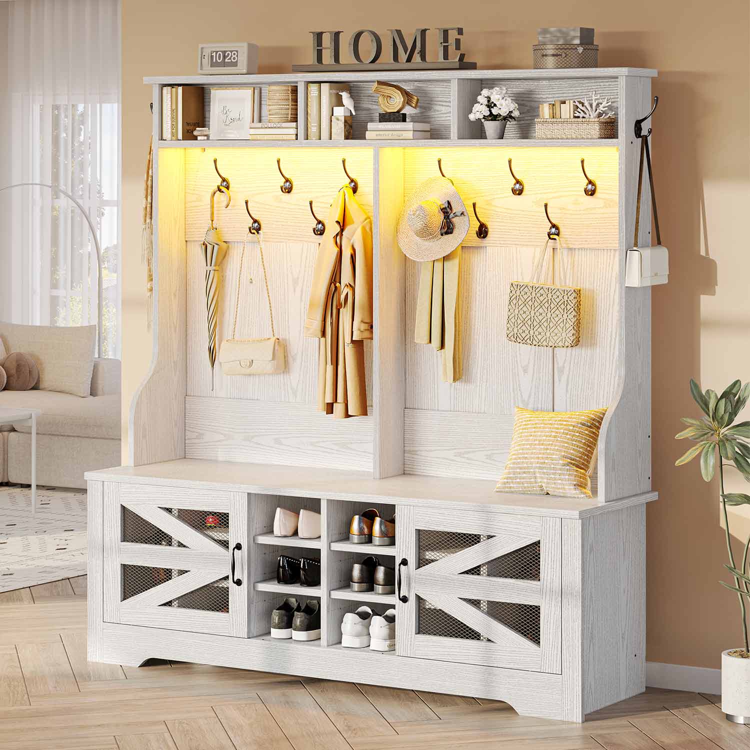 Sikaic Hall Tree 59.1 Inches 5-in-1 Hall Tree with Bench and 16 Shoe Cubbies Coat Hooks Barn Door & Adjustable Shelf Embossed White