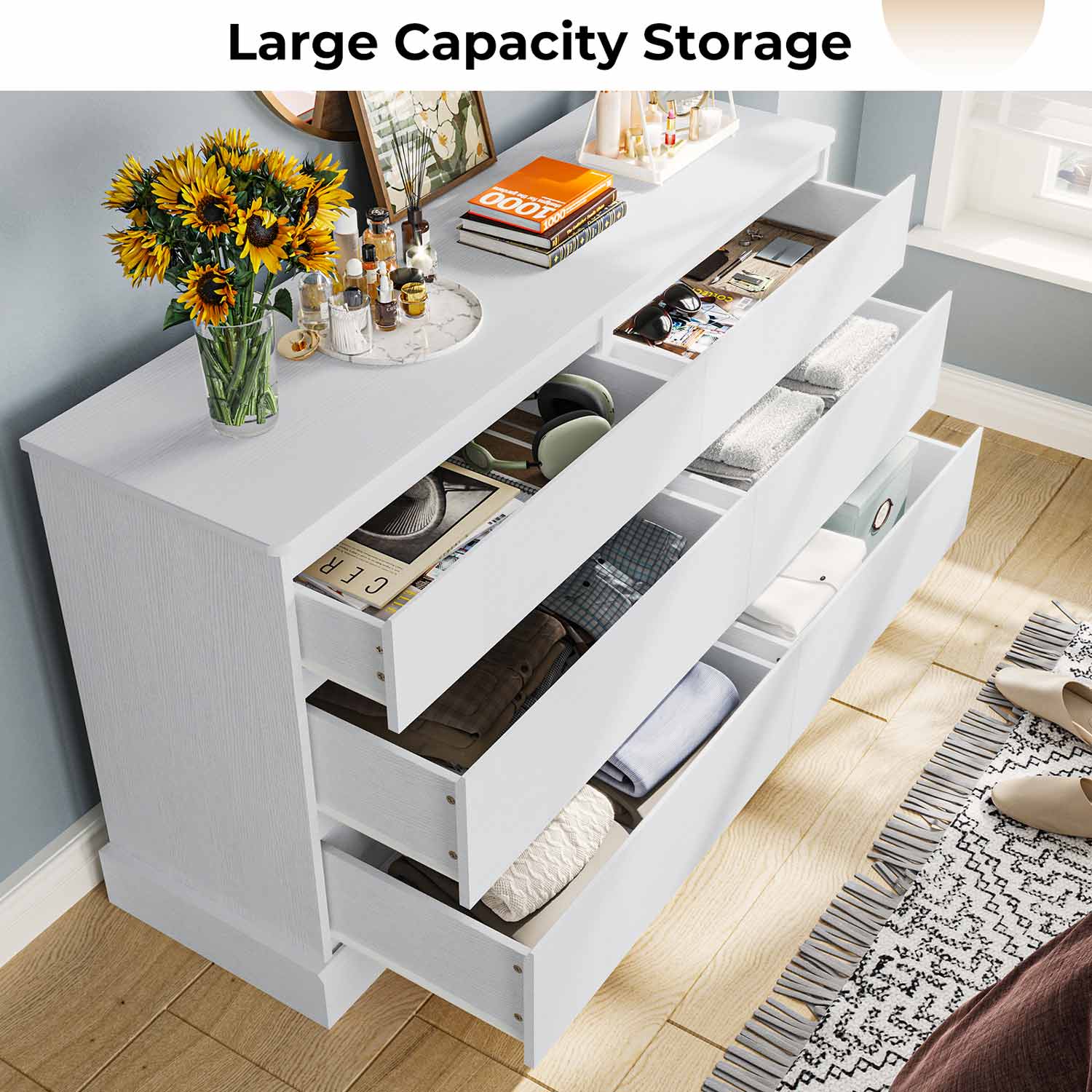 Sikaic Dressers 51.5 Inches Width 6 Drawers Dresser Large Capacity Clothing Storage Cabinet White