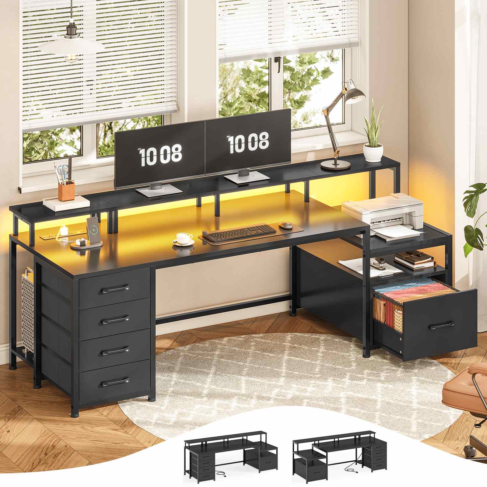 Sikaic Gaming Desk 75 Inches Led Gaming Desk Black Black / Engineered Wood / Modern
