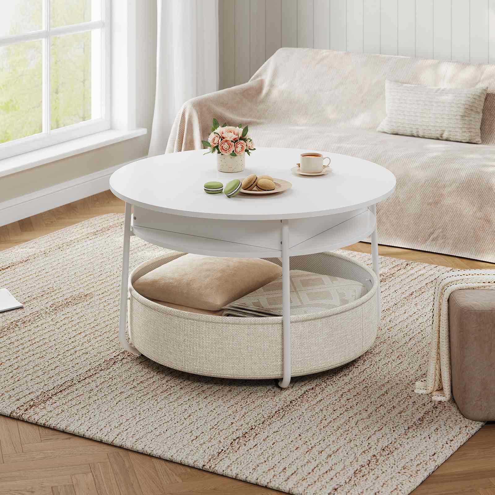 Sikaic Coffee Table Lift Top Round Coffee Table with Fabric Basket White White / Engineered Wood / Modern