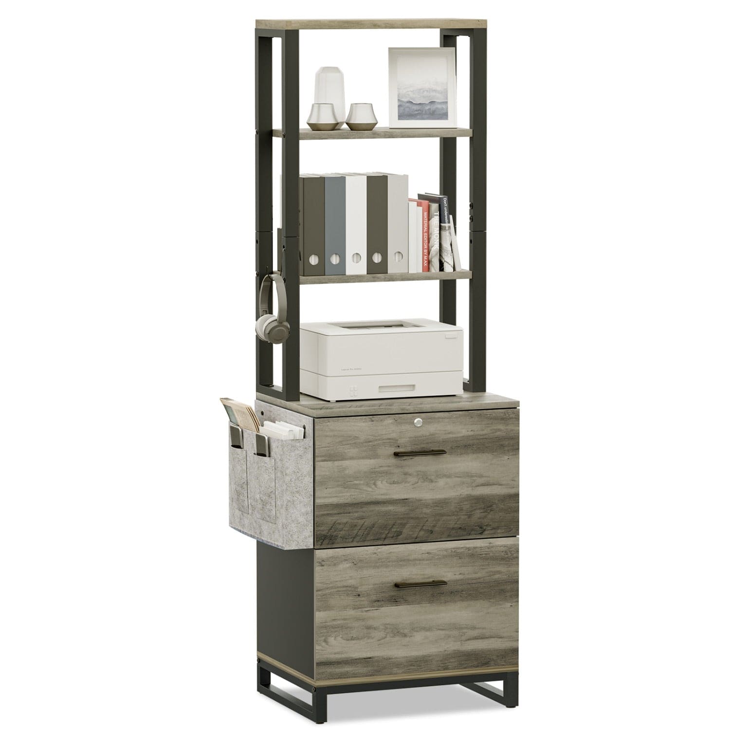 Sikaic File Cabinet 2 Drawer File Cabinet with Lock Adjustable Storage Shelf Oak Grey