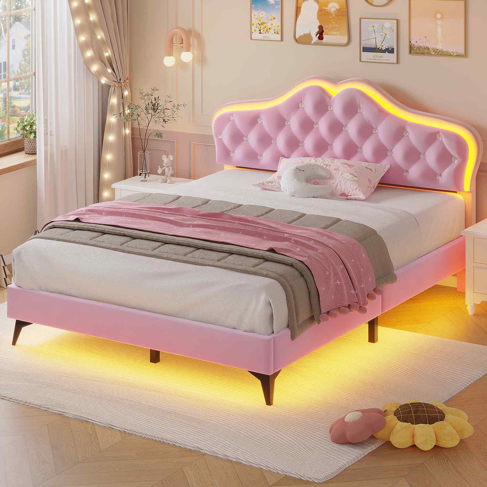 Sikaic Bed Frame Velvet Princess Platform RGB LED Bed Frame with Storage Drawers and Adjustable Crystal Button Headboard Creamy Pink