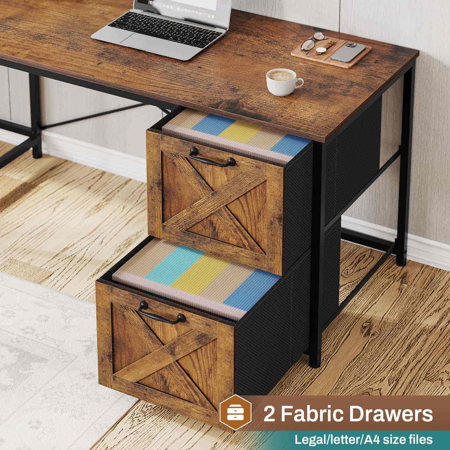 Sikaic Gaming Desk LED lights L Shaped Gaming Desk with Fabric File Drawers and Power Outlet Hutch & Storage Shelves Rustic Brown