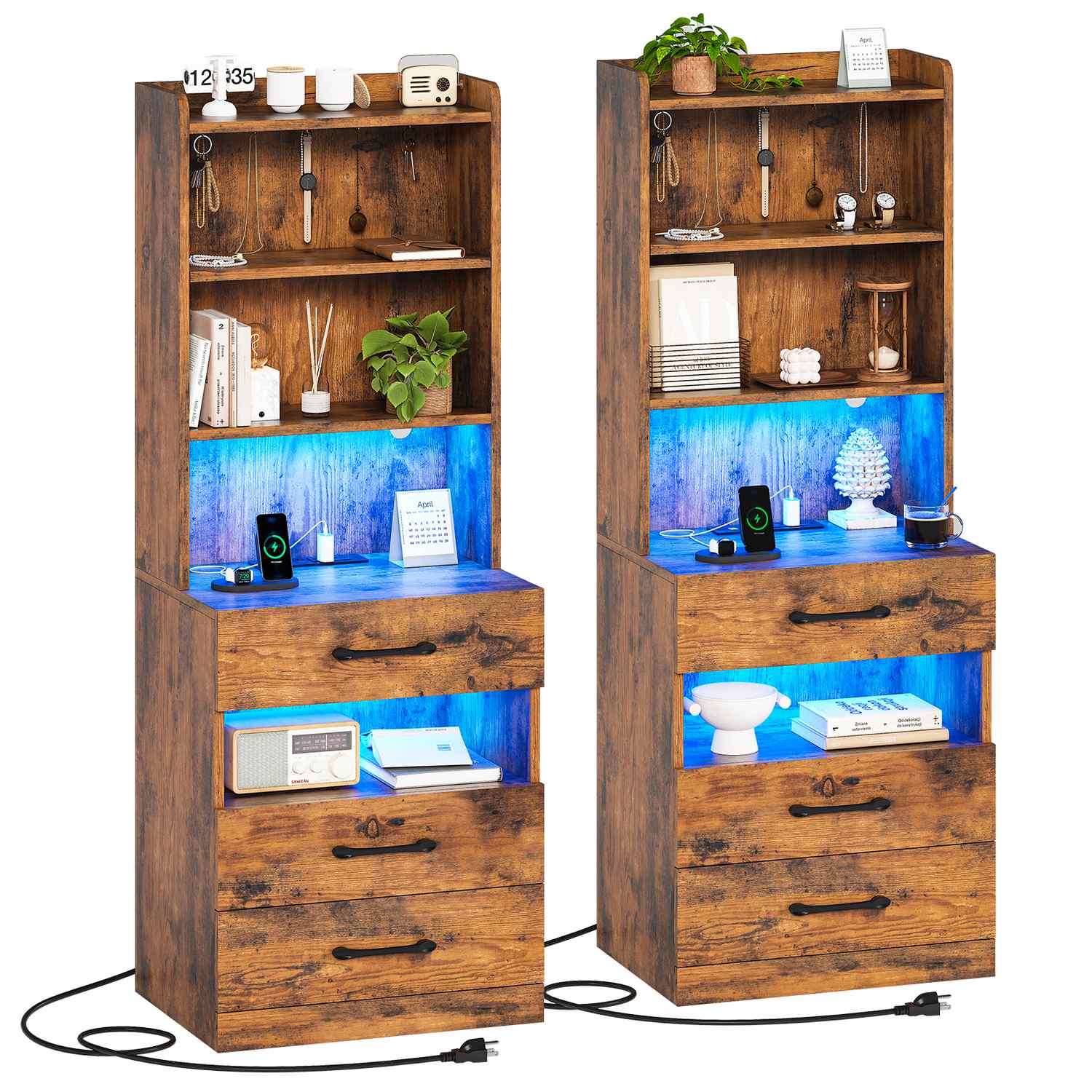 Sikaic Nightstand LED Tall Nightstand with Charging Station 3 Drawers And Bookshelf Brown