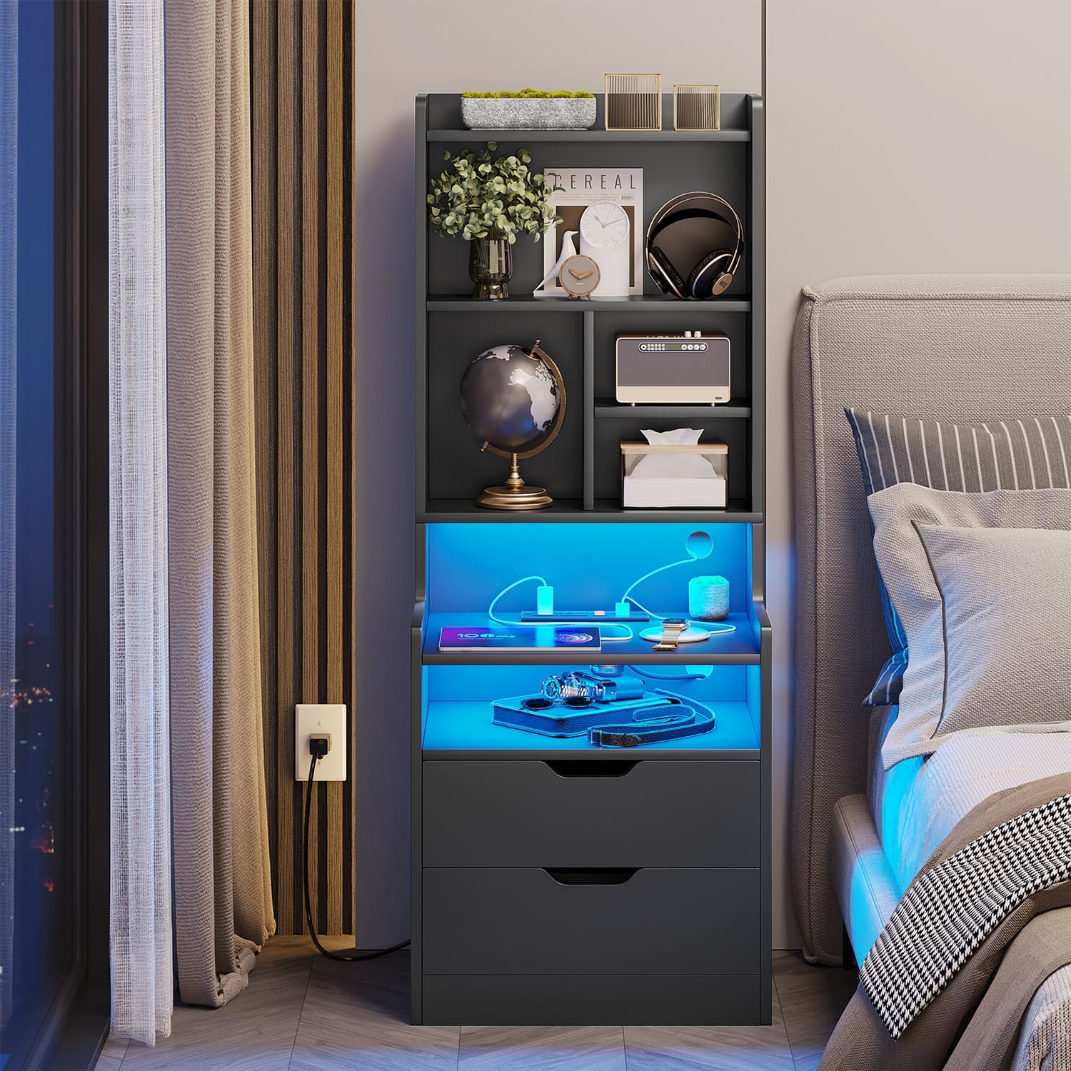 Sikaic Nightstand LED Nightstand with Bookshelf Charging Station Black
