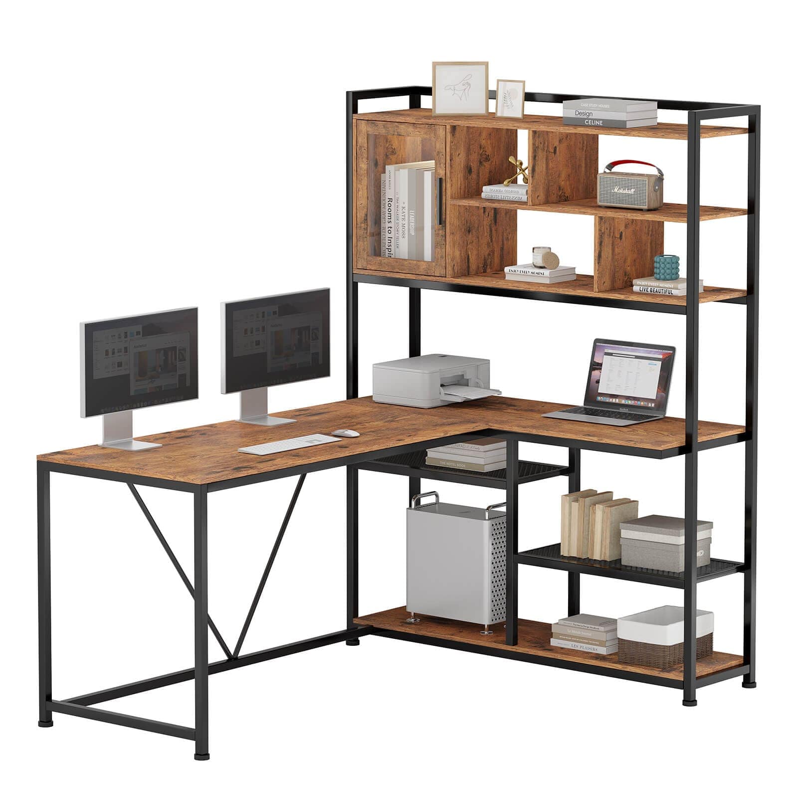 Sikaic Gaming Desk 58 Inches L Shape Corner LED Gaming Desk with Bookshelf Storage Shelves Brown